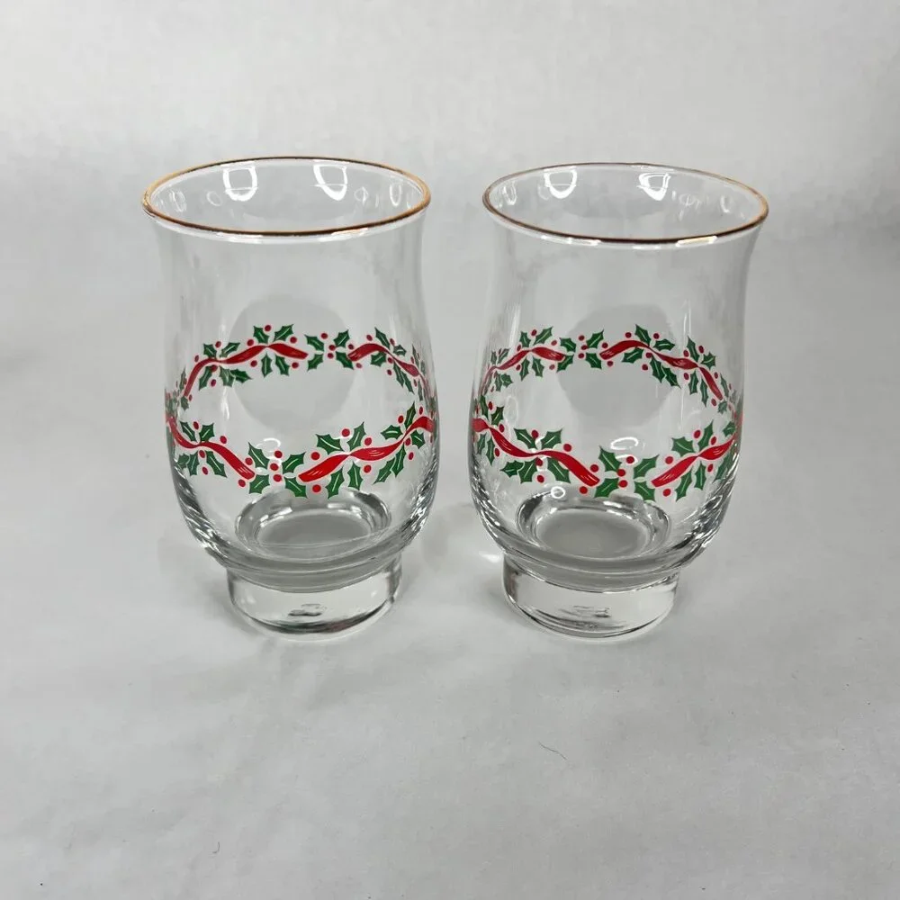 4 Libbey Christmas Holly Berry Glass Red Ribbon Tumbler Tulip Gold Rim 14 OZ VTG